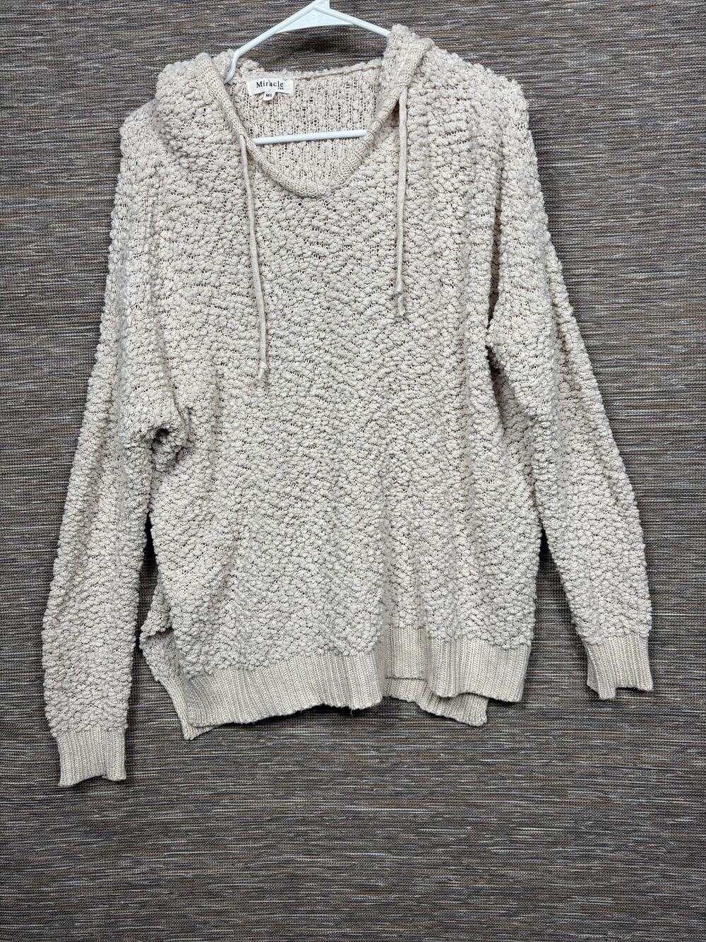 Miracle USA Sweater Womens M/L Beige Textured Chunky Knit Hooded Cozy Pullover
